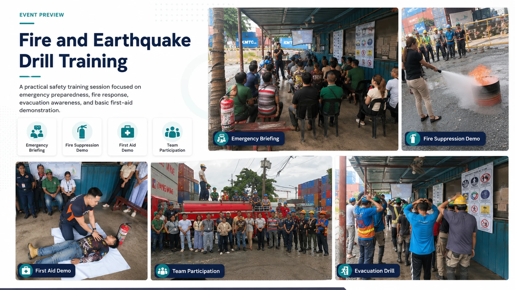 Brightpoint Logistics emergency briefing, fire suppression, first aid and evacuation training collage